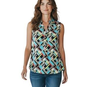 Dana Buchman Women's Sleeveless Top S Multicolor Geometric Print Tank 1/4 Button